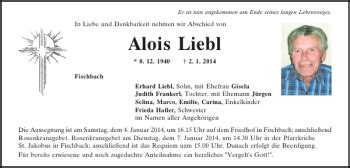 Traueranzeigen Von Alois Liebl Mittelbayerische Trauer