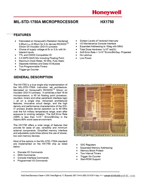 Hx1750 Honeywell Microprocessor Hoja De Datos Ficha Técnica