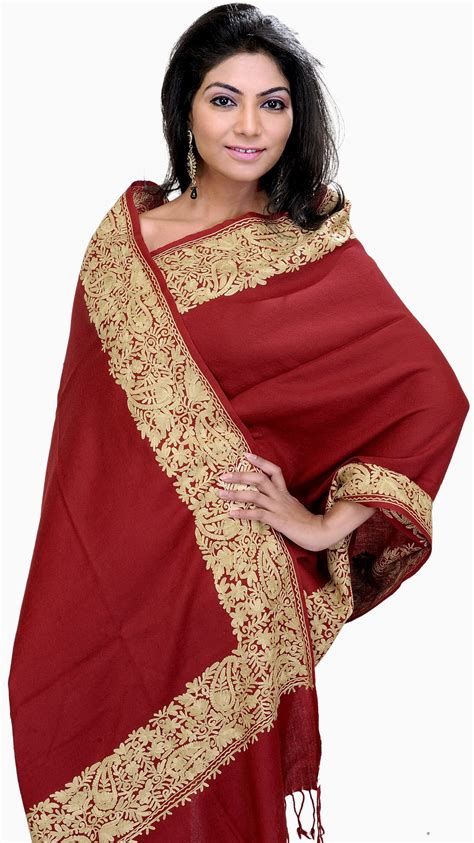 Plain Stole From Amritsar With Aari Embroidered Paisleys On Border