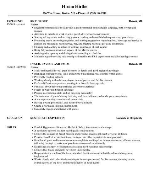 Waiter Resume Samples Velvet Jobs