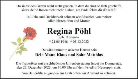 Traueranzeigen von Regina Pöhl Märkische Onlinezeitung Trauerportal