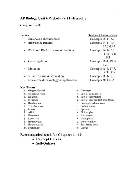 AP Biology Unit 6 Packet Part I Heredity