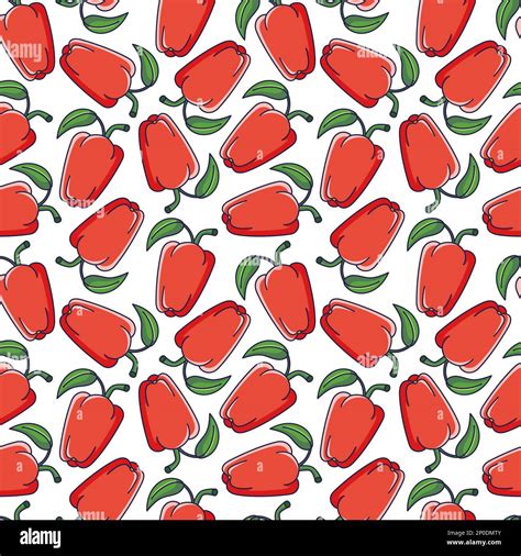 Cute Red Pepper Seamless Pattern In Doodle Style Vector Hand Drawn