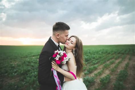 Lovely Wedding Couple Bride And Groom Posing In Field During Sunset