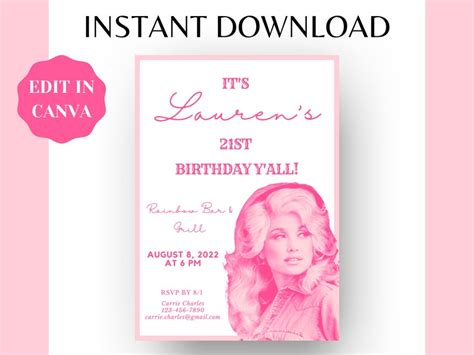 Editable Dolly Parton Birthday Invitation Template Digital Etsy