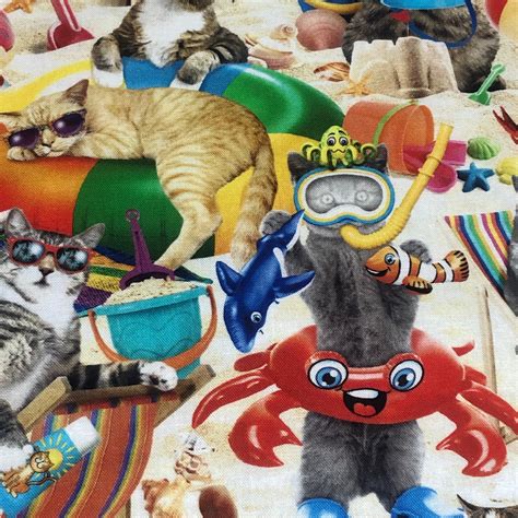 Cat Lady Collection Cats Chilling On Beach Digital Cotton Fabric