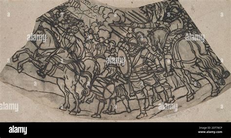 Warriors on horseback, Pen and black ink over preliminary drawing in ...