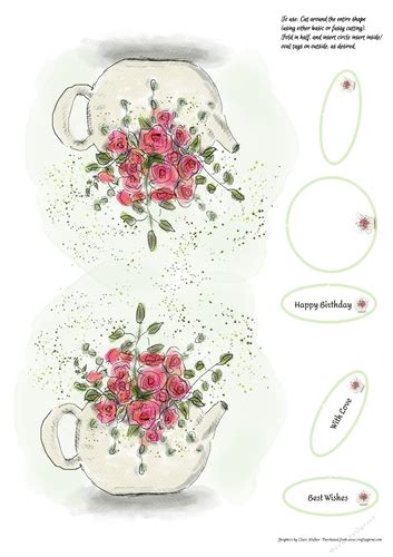 Teapot Shaped Card With Roses With Mini Insert 4 Sentiment Tags And