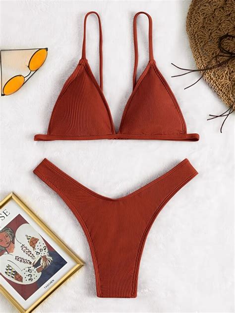 Rib Triangle High Cut Bikini Swimsuit Shein Usa