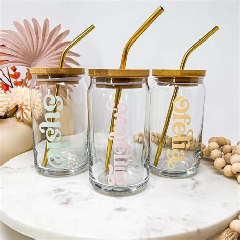 Personalized Glass Cup With Bamboo Lid Straw 16 Oz Beer Can Glass