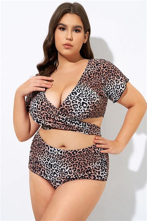 Leopard Print Flattering V Neckline Wrap Crop Bikini Top Meet Curve Meet Curve