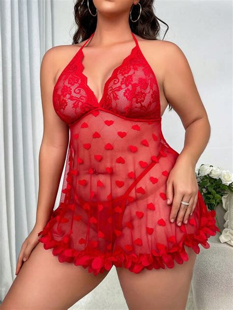 Plus Heart Pattern Contrast Lace Sheer Lingerie Set Shein Uk