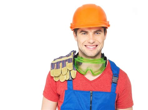 Free Photo Closeup Portrait Of Happy Worker In Uniform Isolated On White