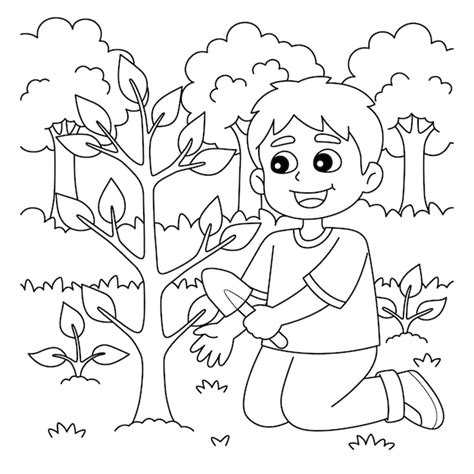 Premium Vector | Boy planting trees coloring page for kids