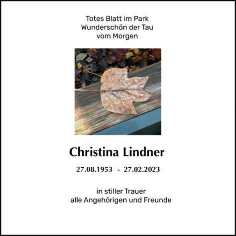 Traueranzeigen Von Christina Lindner Trauer Anzeigen De