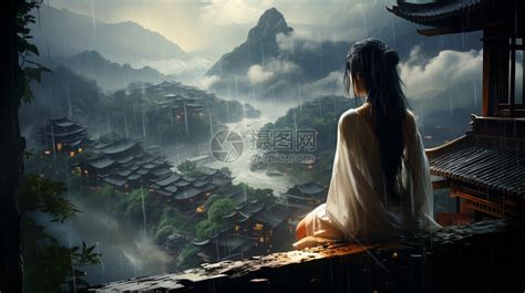 坐在屋檐看雨的女孩插画图片下载 正版图片600454030 摄图网