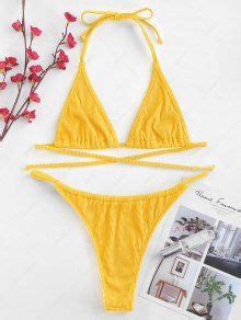 ZAFUL Textured Ribbed String Bikini Set In YELLOW ZAFUL
