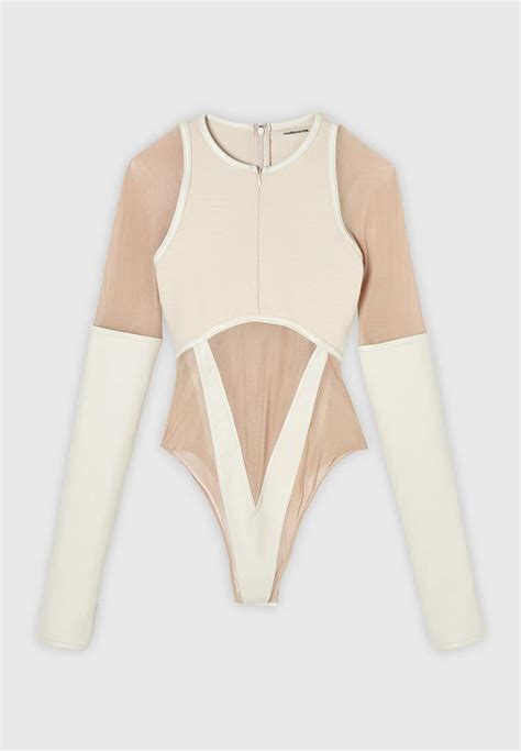 High Leg Effect Vegan Leather Bodysuit Beige Manière De Voir USA