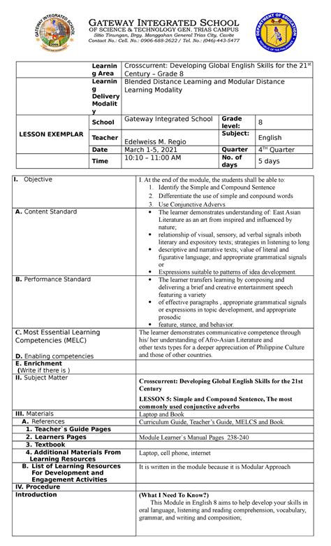 Lesson Exemplar Q2 English 8 For Lesson 1 Learnin G Area Crosscurrent