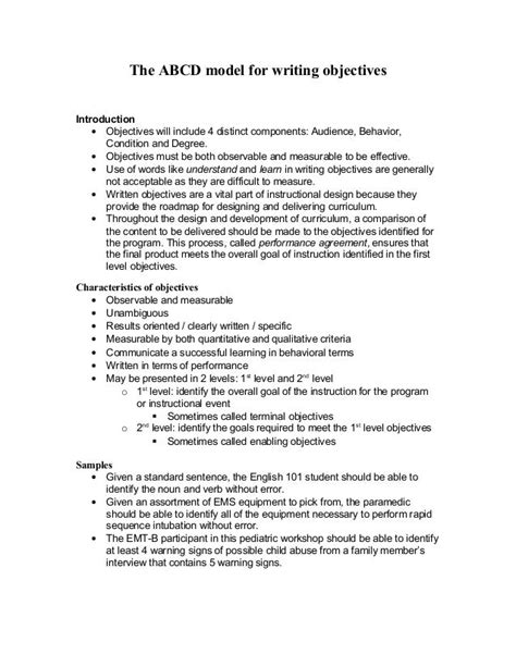 Abcd model for writing objectives