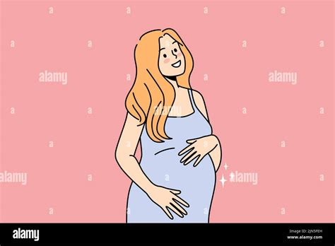 Smiling Young Woman Touching Belly Excited With Pregnancy Happy