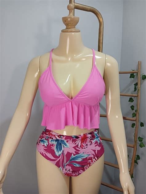 Pink Floral Print Two Piece Swimsuit Padded High Waist Bikini Beach