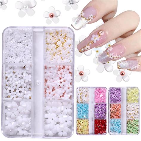 JTWEEN 3D Flower Nail Art Charms, 6 Grids 3D Acrylic Nail Flowers Rhinestone Light White Cherry ...