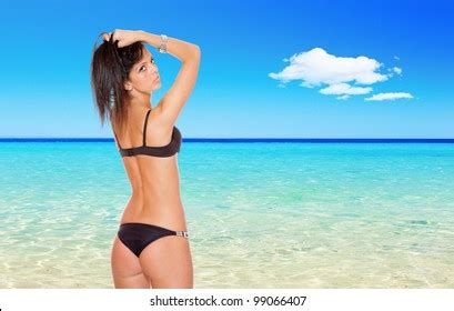 Sexy Bikini Model Over Beach Background Foto Stok 99066407 Shutterstock