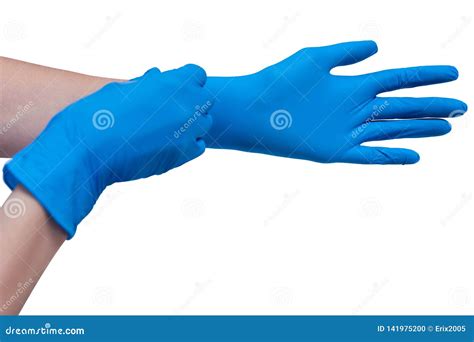 Hands And Blue Medical Latex Gloves Isolated White Background Stock