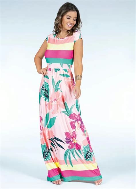 Vestido Longo Floral Coral Manguinhas Quintess