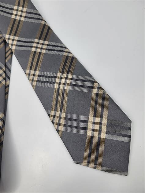 Geoffrey Beene Silk Blend Tie Gray Tan Black Plaid Men Necktie X