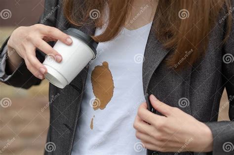 Coffee Stain Unrecognizable Girl Spilling Hot Coffee On Herself Stock