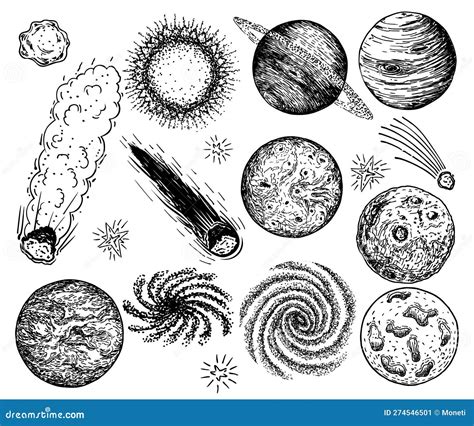 Sketch Of Space Objects Set Collection Of Comets Planets Stars