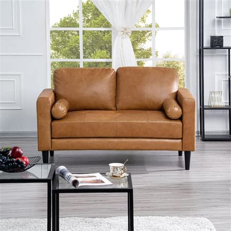 HOMESTOCK Tan Top Grain Mid-Century Loveseat Sofa, Leather Couch, Mid Century Couch Small ...