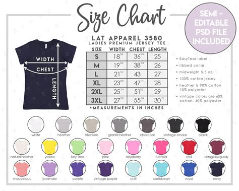 Semi Editable Lat Apparel Size Color Chart Lat Etsy