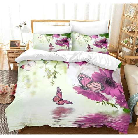 Purple Flower Duvet Cover Set Queen Size Blue Butterfly Comforter