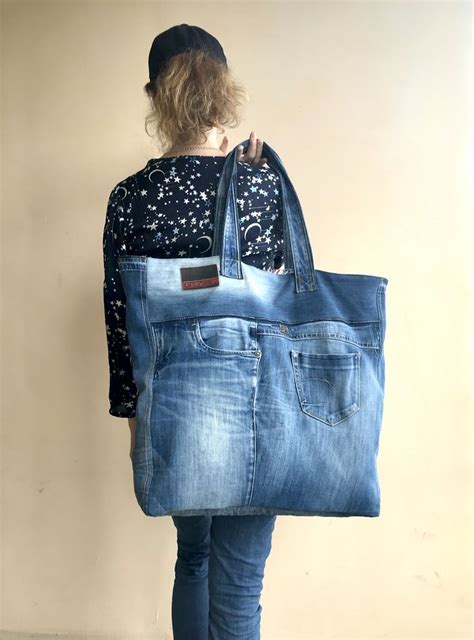 Large Recycled Denim Tote Bag Blue Cotton Tote Bag Reusable Etsy