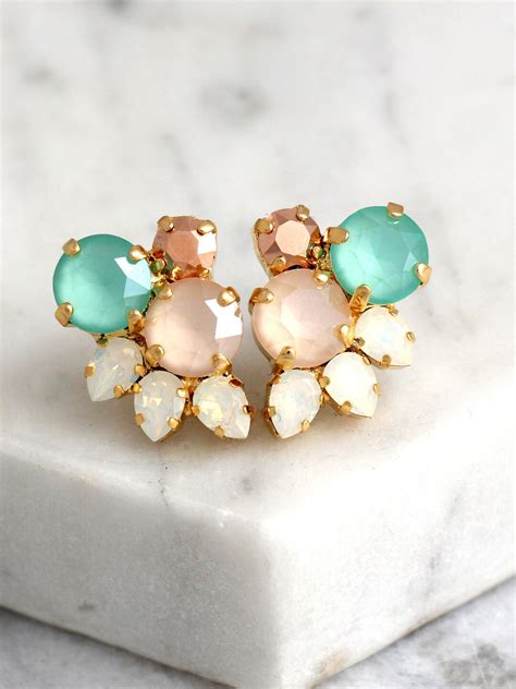 Mint Nude Earrings Mint Ivory Bridal Earrings Bridal Cluster Etsy