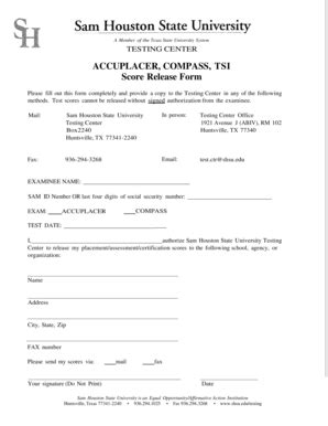 Fillable Online Shsu ACCUPLACER COMPASS TSI Score Release Form Shsu