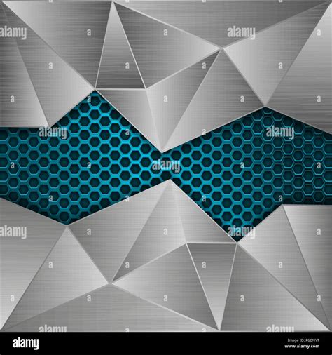 Blue Metal Perforated Background With Brushed Metal Polygonal Elements