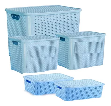 Kit 5 Caixas Rattan Organizadoras 70 25 E 10 Litros C Tampa Cor Azul