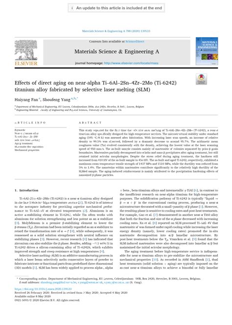 Pdf Effects Of Direct Aging On Near Alpha Ti Al Sn Zr Mo Ti