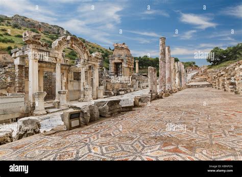 Roman floor mosaics and Temple of Hadrian in Ephesus, Turkey Stock ...