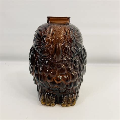 Vintage Amber Brown Glass Wise Old Owl Coin Bank 6 1 2 Tall Marked