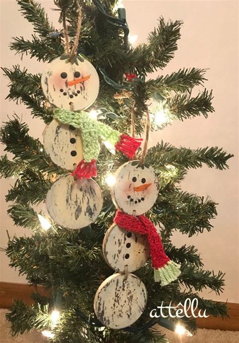 Snowman Tree Ornament Hand Painted Distressed Wood Christmas Etsy