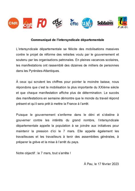 Communiqu De L Intersyndicale D Partementale Du F Vrier Cgt