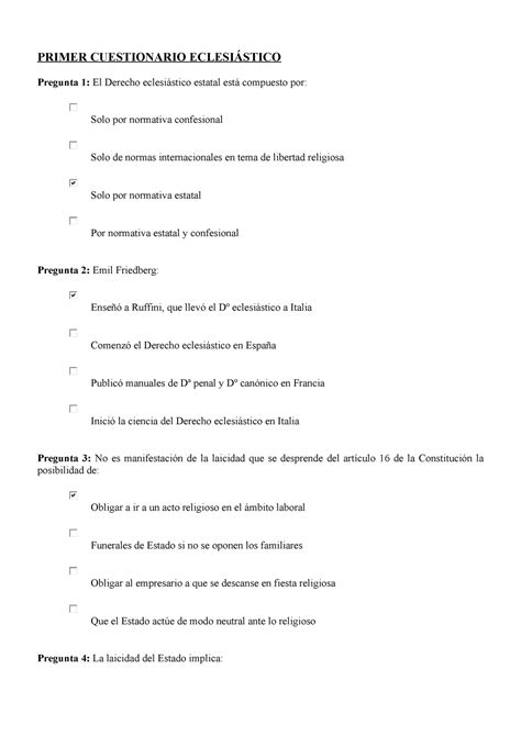 Test Derecho Eclesiastico Primer Cuestionario Eclesi Stico Pregunta