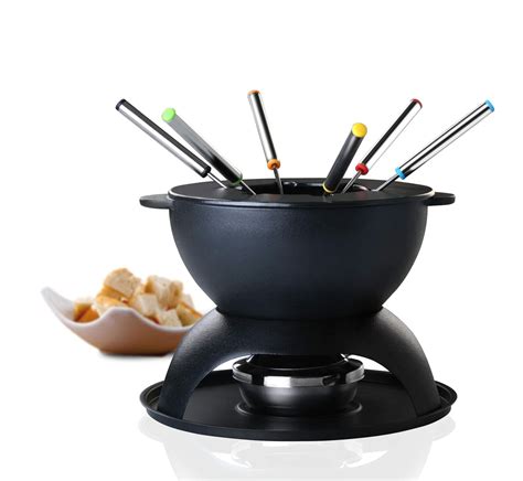 Artestia 11 Piece Cast Iron Fondue Set With Adjustable Burner 6 Colored