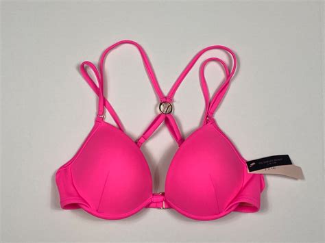 New Victoria S Secret Swim Hot Pink Push Up Bikini Top B Gold Rhinestone Logo Ebay