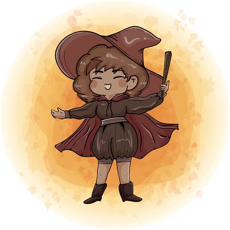 Cute Chibi Witch Cartoon Character Wearing A Hat While Holding Her Wand